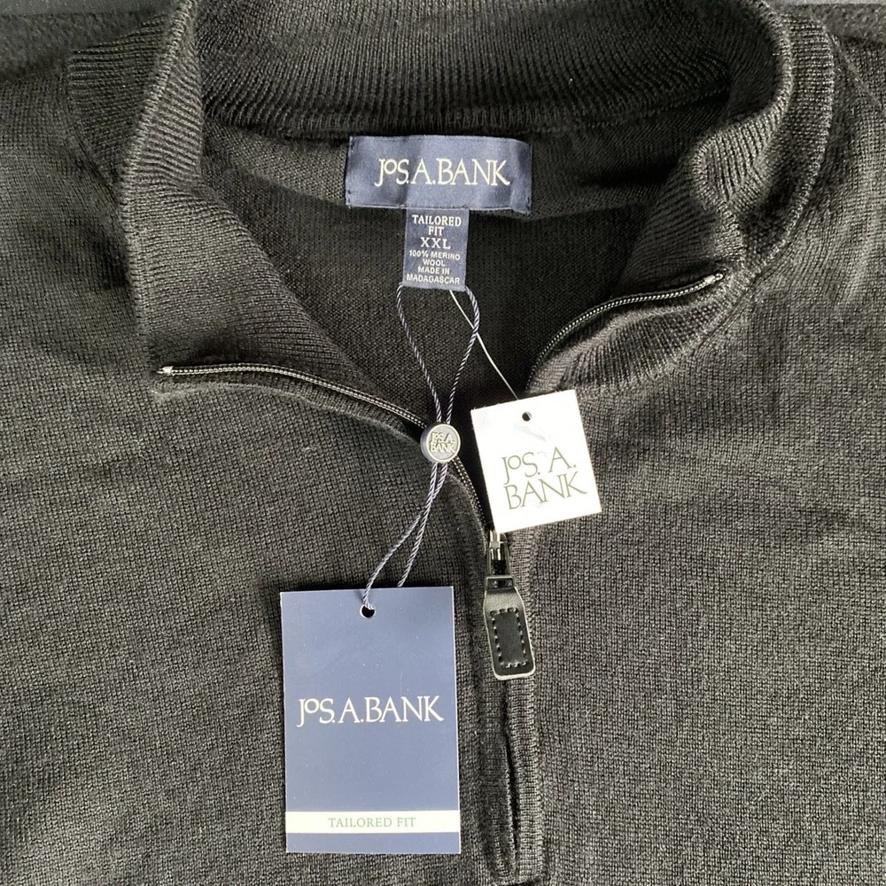 Jos A Bank Mens 100% Merino Wool Black 1/4 Zip Pullover XXL‎ New With Tags